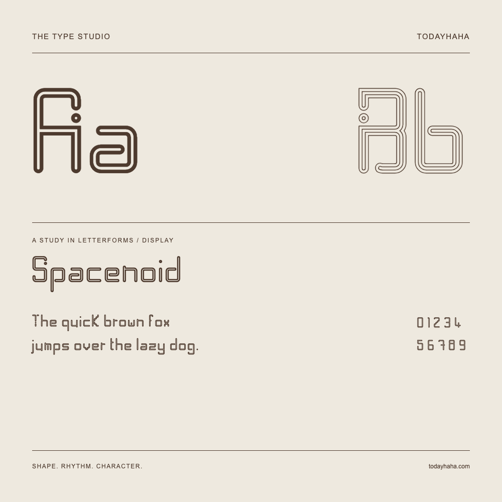 Spacenoid — Buchstabenstudie mit Beispielsatz und Ziffern