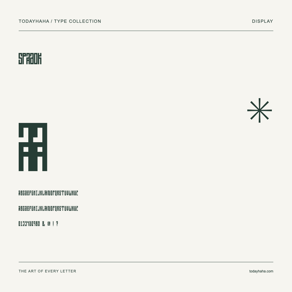 Spadok — Font specimen with uppercase and lowercase letters and numbers