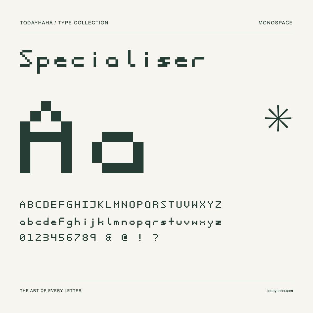 Specialiser — Muestra de mayúsculas, minúsculas y números