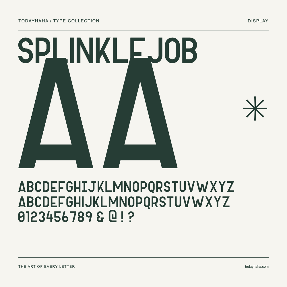 Splinklejob — Spécimen avec majuscules, minuscules et chiffres
