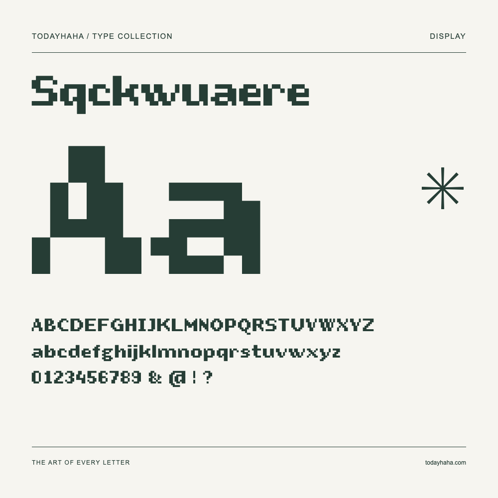 Sqckwuaere — Schriftmuster mit Großbuchstaben, Kleinbuchstaben und Ziffern