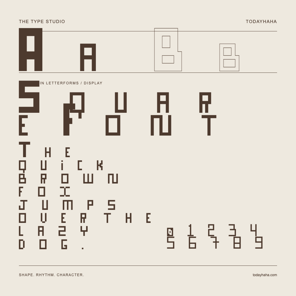 Square Font — Buchstabenstudie mit Beispielsatz und Ziffern