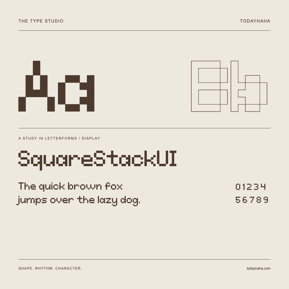 SquareStackUI — Buchstabenstudie mit Beispielsatz und Ziffern