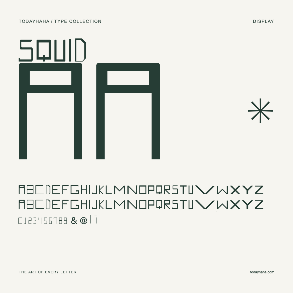 Squid — Font specimen with uppercase and lowercase letters and numbers