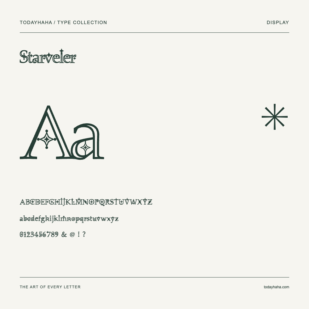 Starveler — Font specimen with uppercase and lowercase letters and numbers