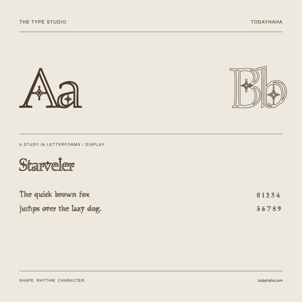 Starveler — Letterform study with sample sentence and numbers