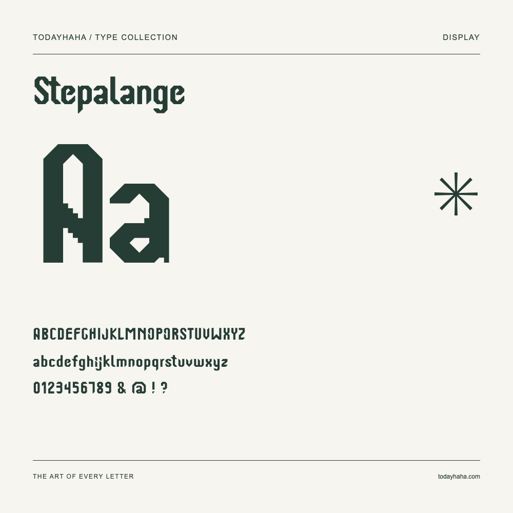 Stepalange — Font specimen with uppercase and lowercase letters and numbers