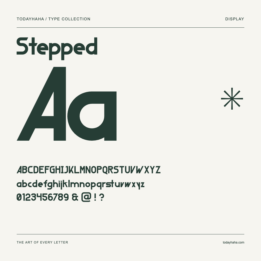 Stepped — Font specimen with uppercase and lowercase letters and numbers