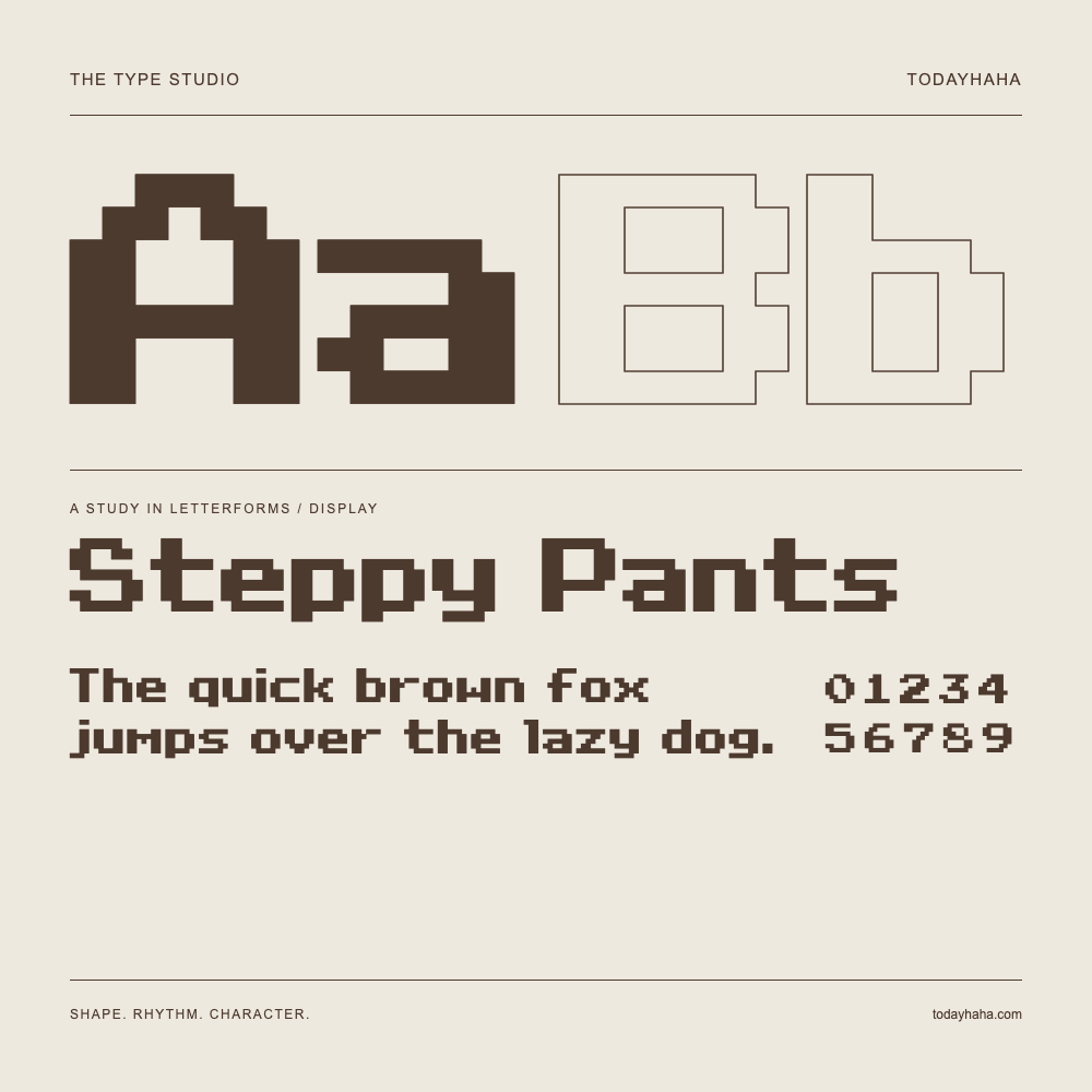 Steppy Pants — Buchstabenstudie mit Beispielsatz und Ziffern
