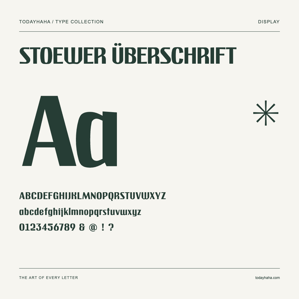 STOEWER ÜBERSCHRIFT — Font specimen with uppercase and lowercase letters and numbers