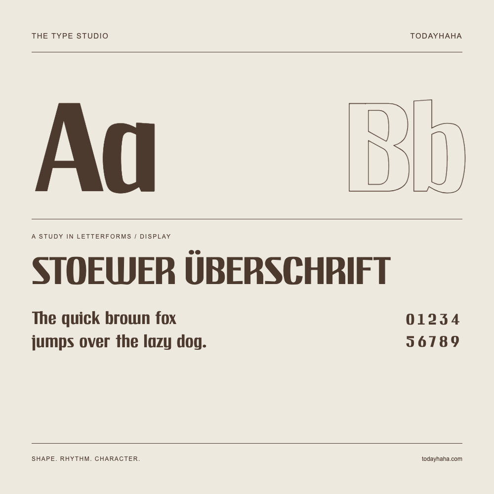 STOEWER ÜBERSCHRIFT — Letterform study with sample sentence and numbers