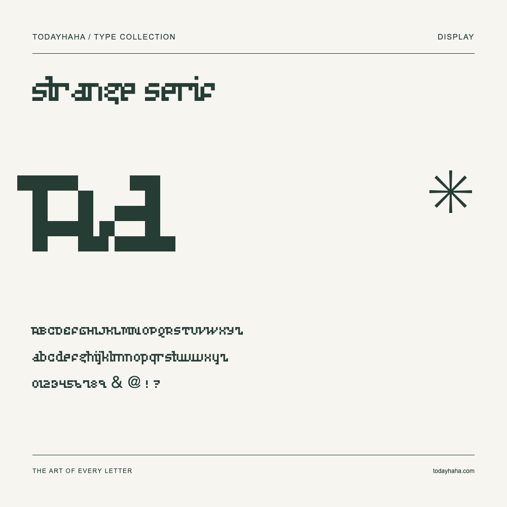 Strange Serif — Campione con lettere maiuscole, minuscole e numeri