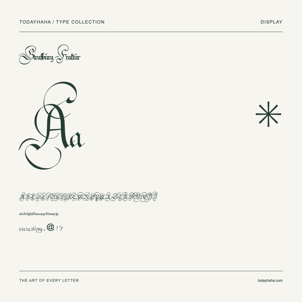 Strassburg Fraktur — Schriftmuster mit Großbuchstaben, Kleinbuchstaben und Ziffern