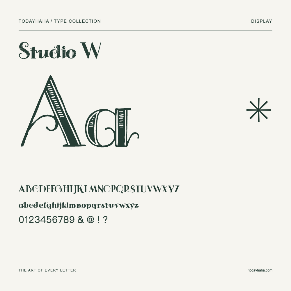 Studio W — Schriftmuster mit Großbuchstaben, Kleinbuchstaben und Ziffern
