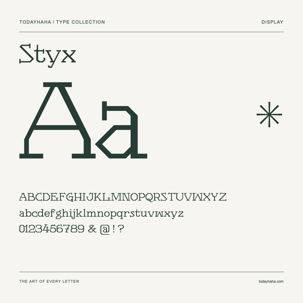 Styx — Muestra de mayúsculas, minúsculas y números