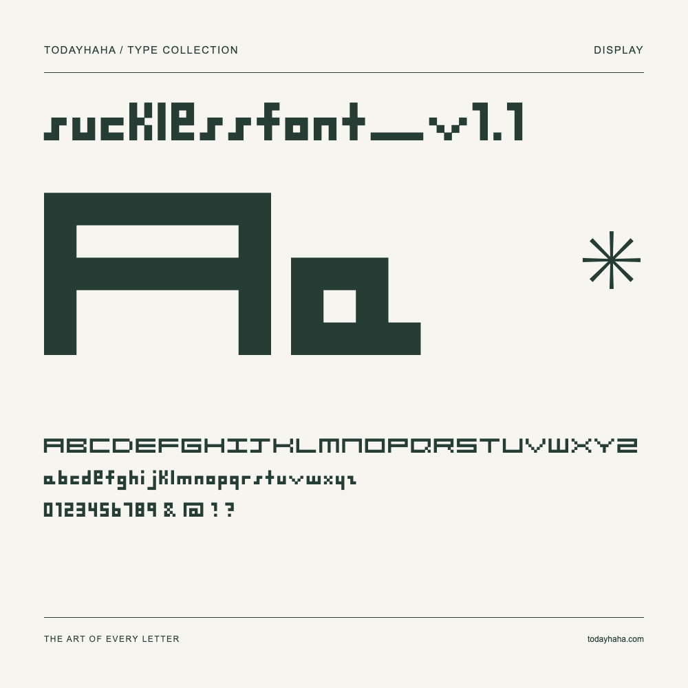 sucklessfont_v1.1 — Font specimen with uppercase and lowercase letters and numbers