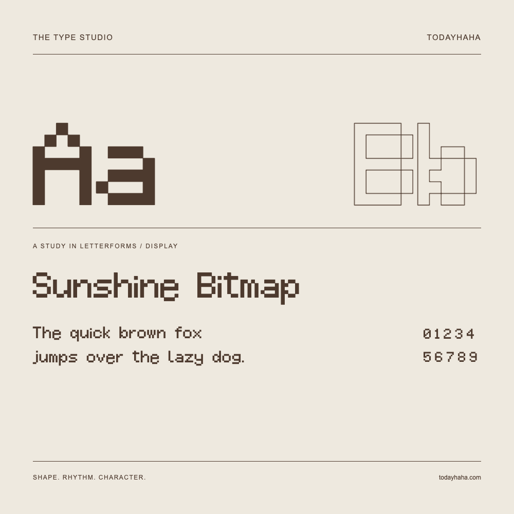 Sunshine Bitmap — Buchstabenstudie mit Beispielsatz und Ziffern
