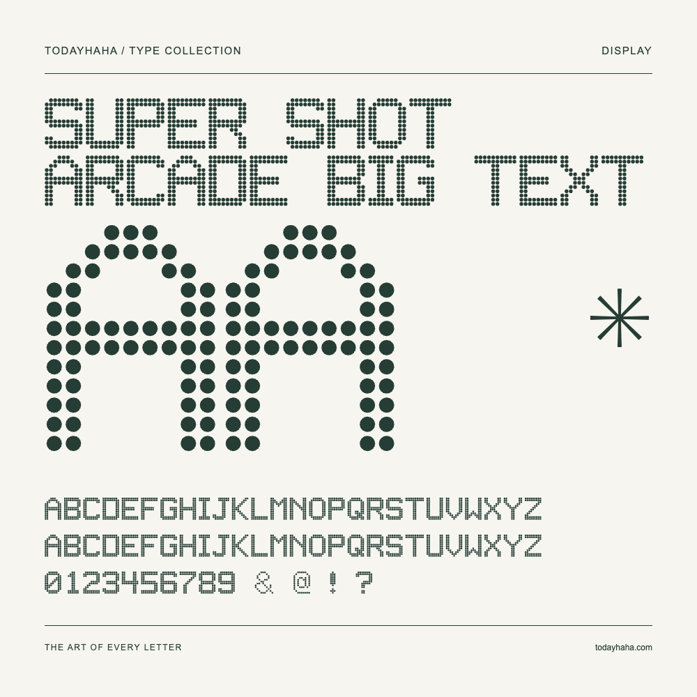 Super Shot Arcade Big Text — Schriftmuster mit Großbuchstaben, Kleinbuchstaben und Ziffern