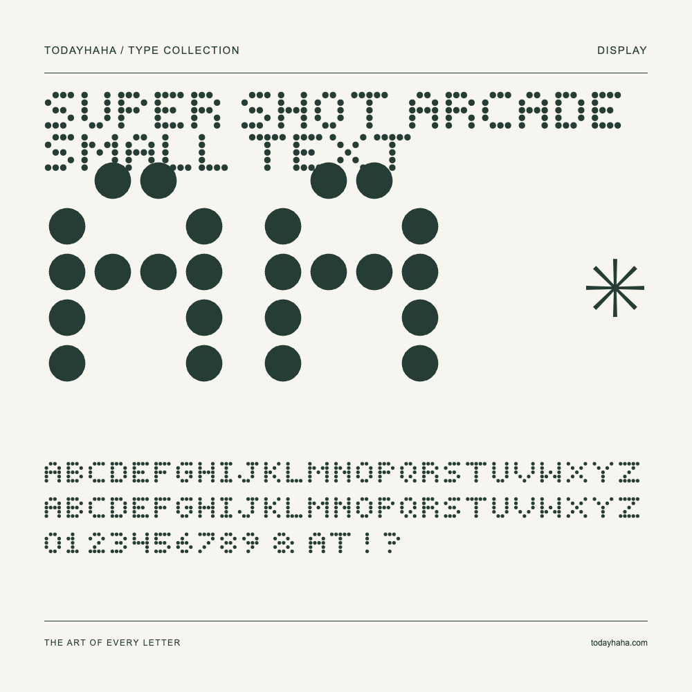 Super Shot Arcade Small Text — Schriftmuster mit Großbuchstaben, Kleinbuchstaben und Ziffern