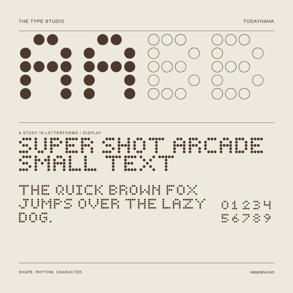 Super Shot Arcade Small Text — Buchstabenstudie mit Beispielsatz und Ziffern