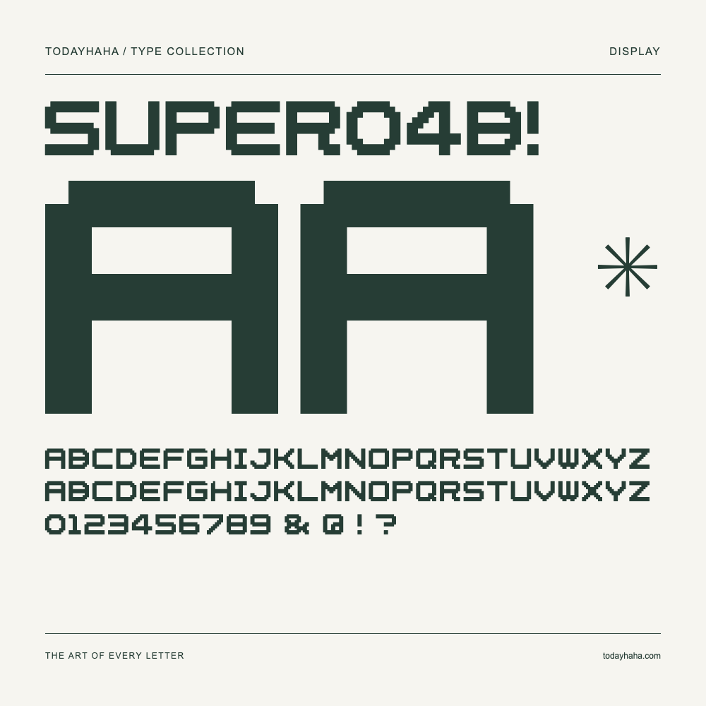 super04b! — Schriftmuster mit Großbuchstaben, Kleinbuchstaben und Ziffern