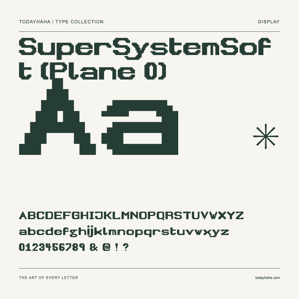 SuperSystemSoft (Plane 0) — Muestra de mayúsculas, minúsculas y números