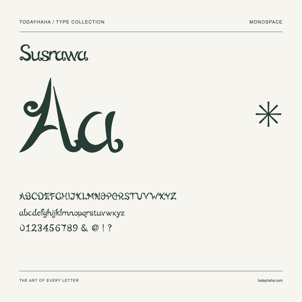 Susrawa — Spécimen avec majuscules, minuscules et chiffres