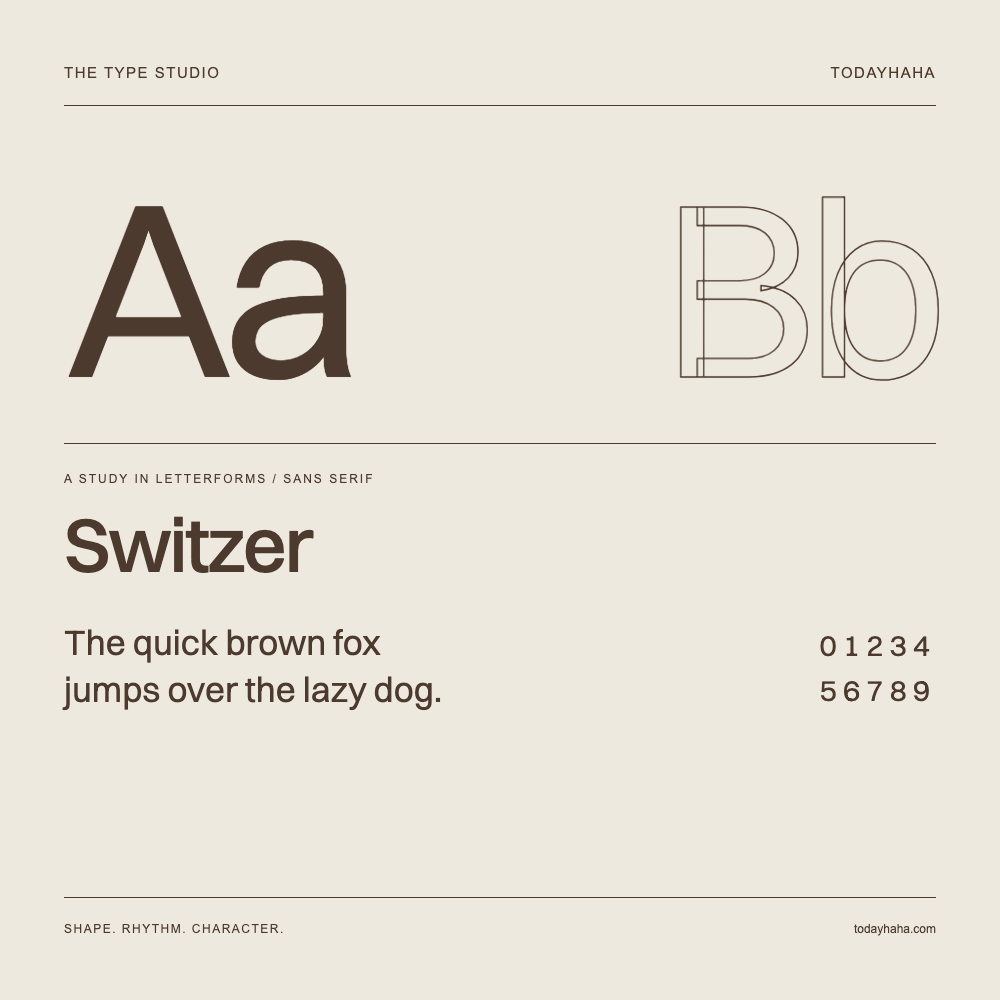 Switzer — Letterform study with sample sentence and numbers