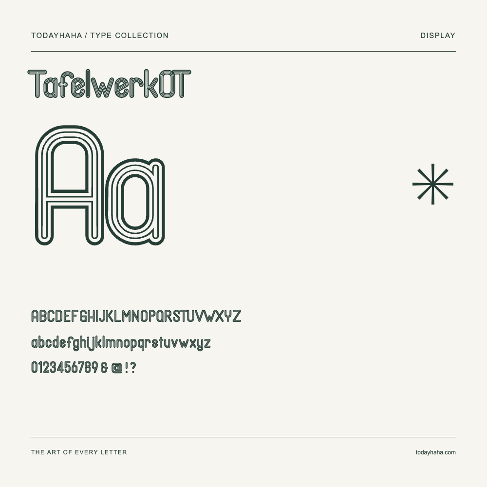 TafelwerkOT — Font specimen with uppercase and lowercase letters and numbers
