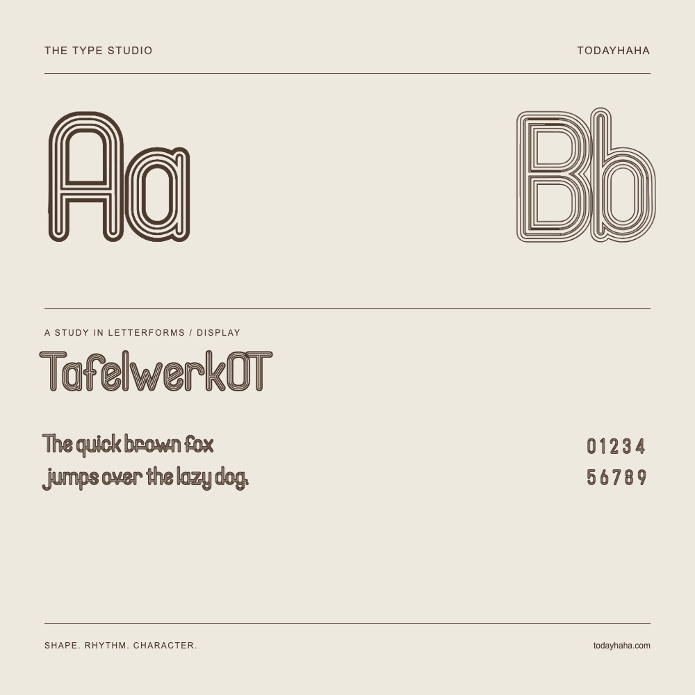 TafelwerkOT — Letterform study with sample sentence and numbers