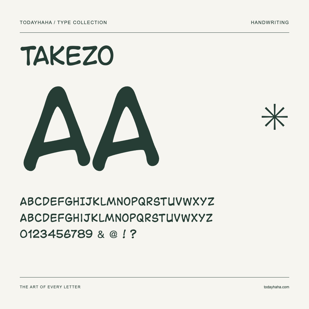 Takezo — Muestra de mayúsculas, minúsculas y números