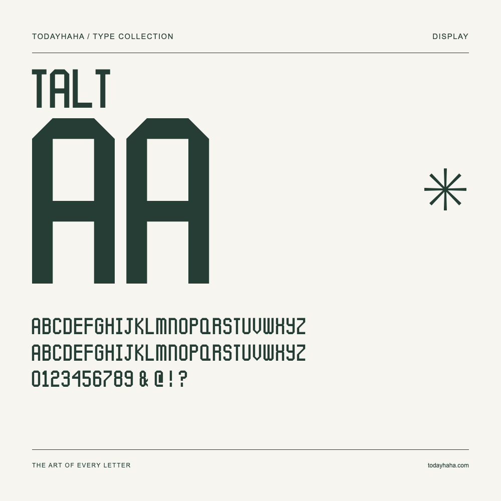Talt — Spécimen avec majuscules, minuscules et chiffres