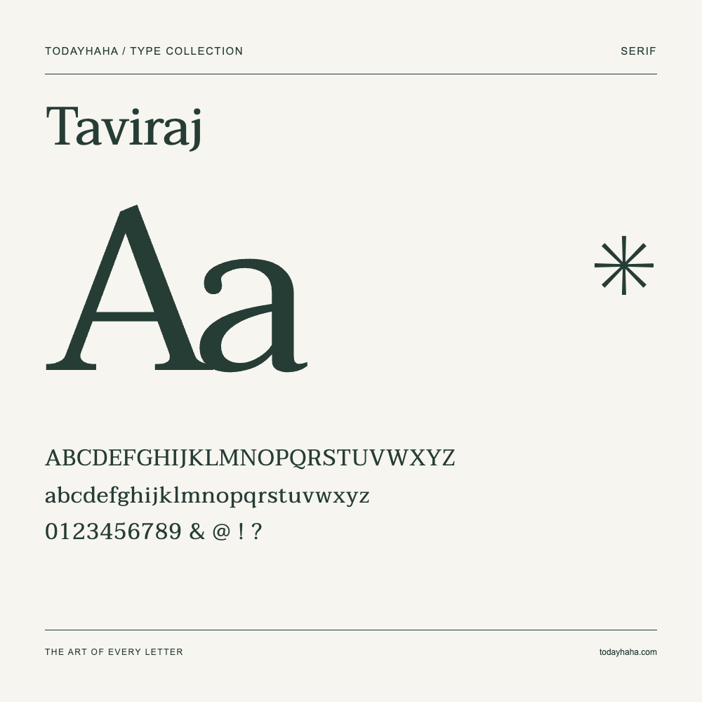 Taviraj — Schriftmuster mit Großbuchstaben, Kleinbuchstaben und Ziffern