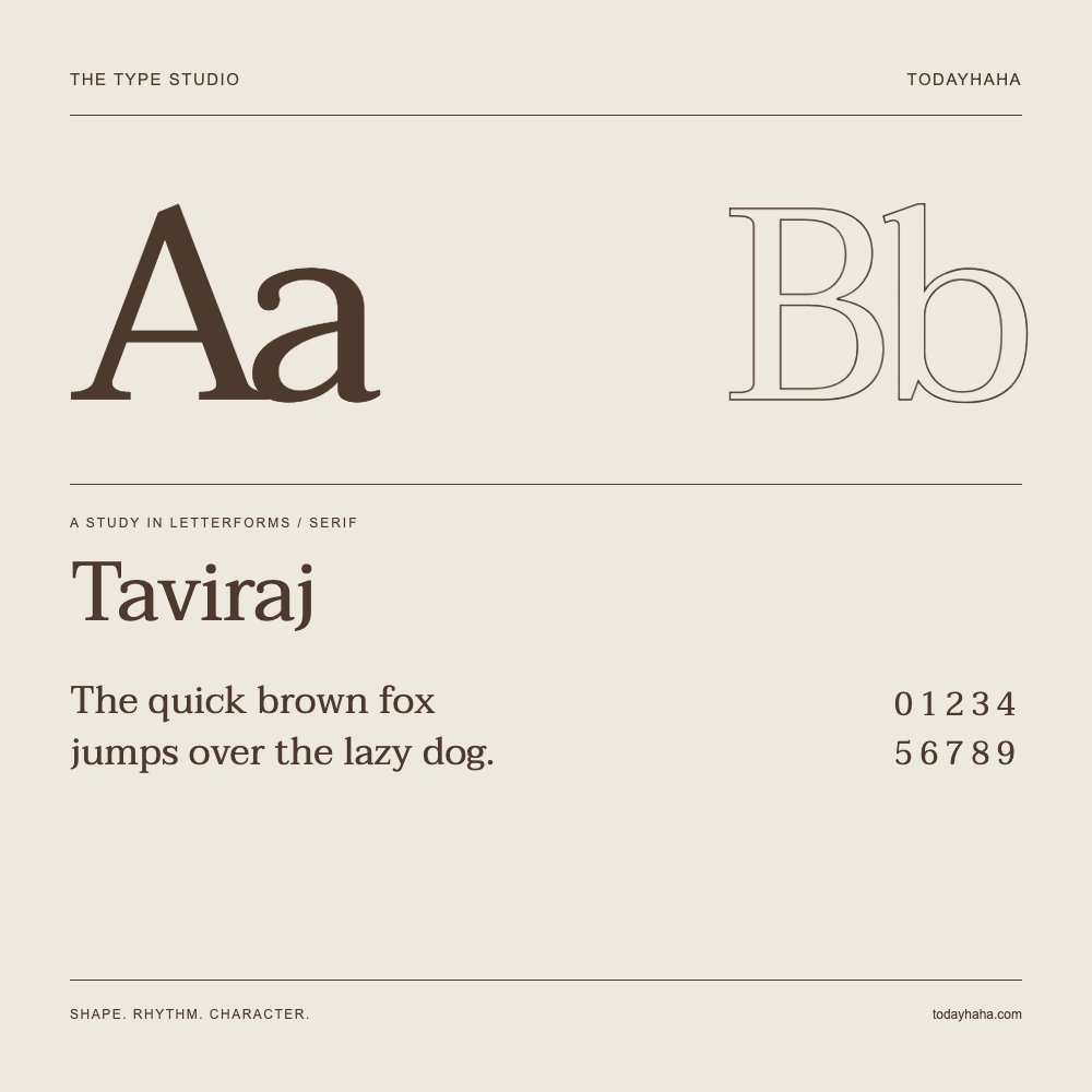Taviraj — Buchstabenstudie mit Beispielsatz und Ziffern
