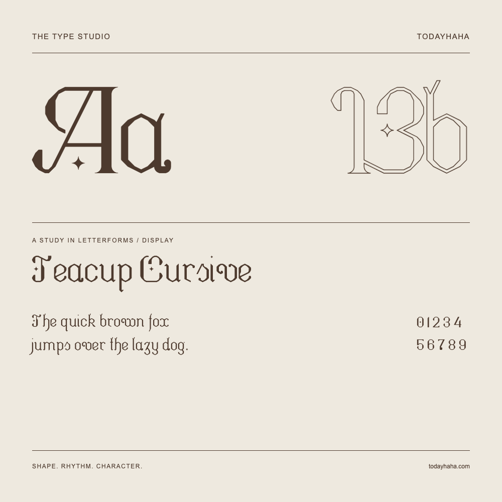 Teacup Cursive — 字形展示：示例句子与数字