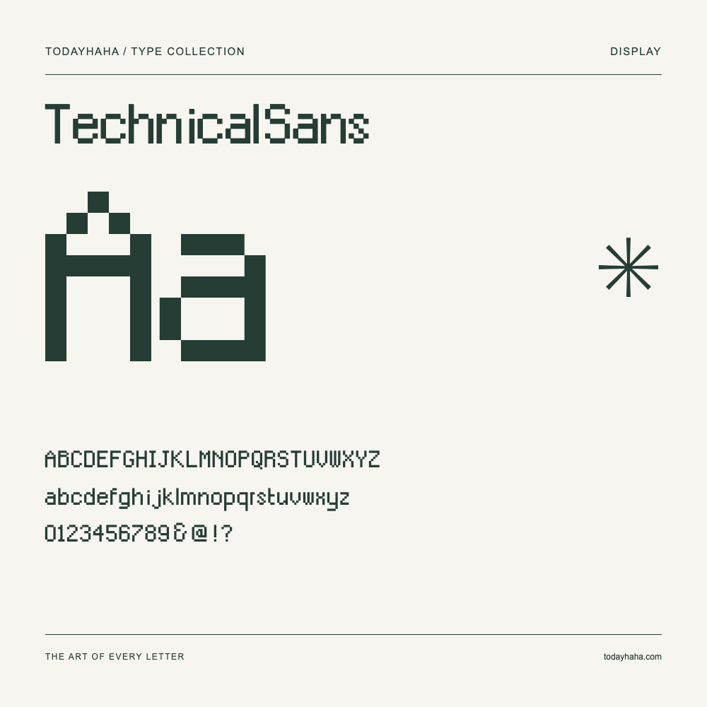Technical Sans — Schriftmuster mit Großbuchstaben, Kleinbuchstaben und Ziffern
