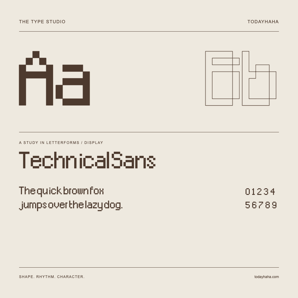 Technical Sans — Buchstabenstudie mit Beispielsatz und Ziffern