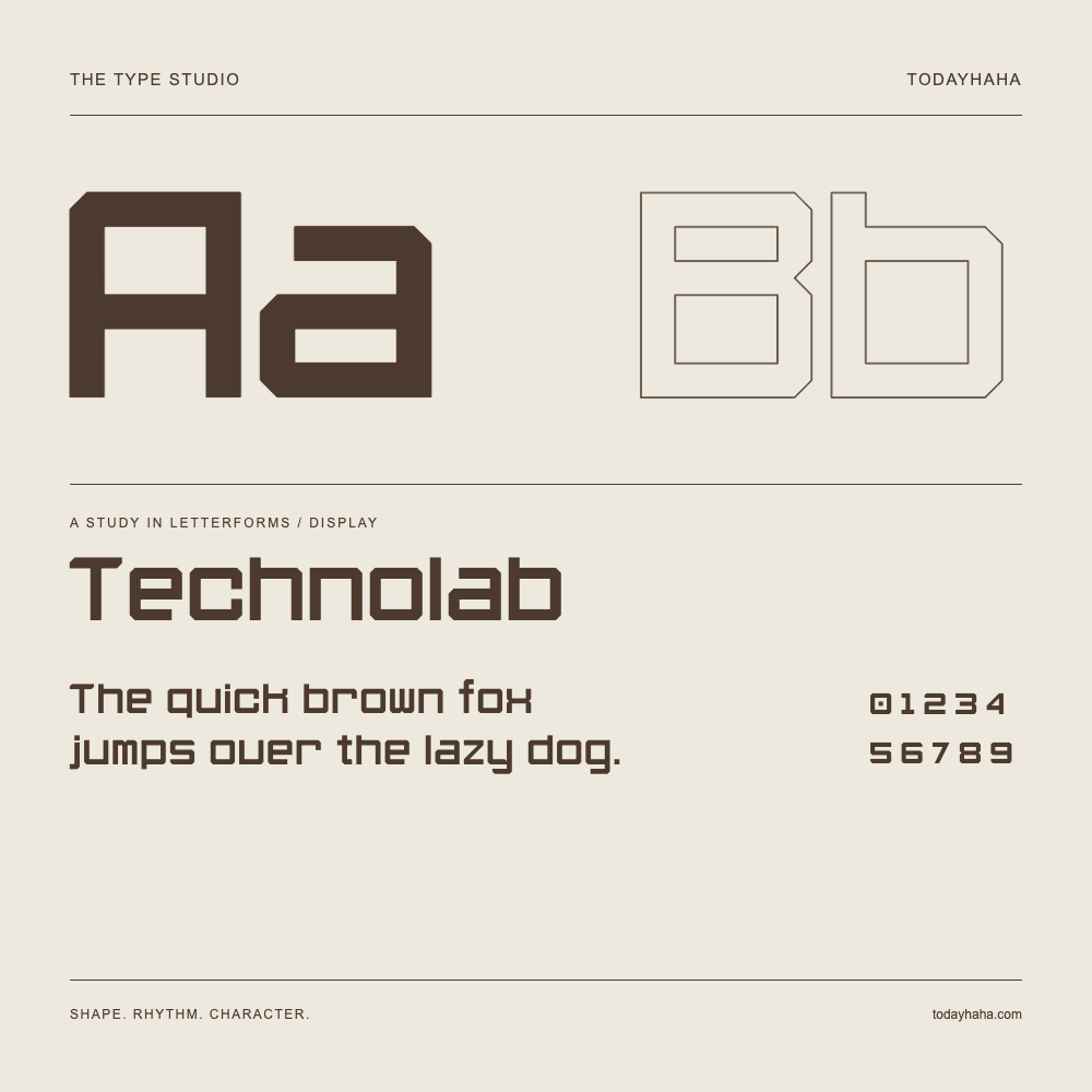 Technolab — Buchstabenstudie mit Beispielsatz und Ziffern