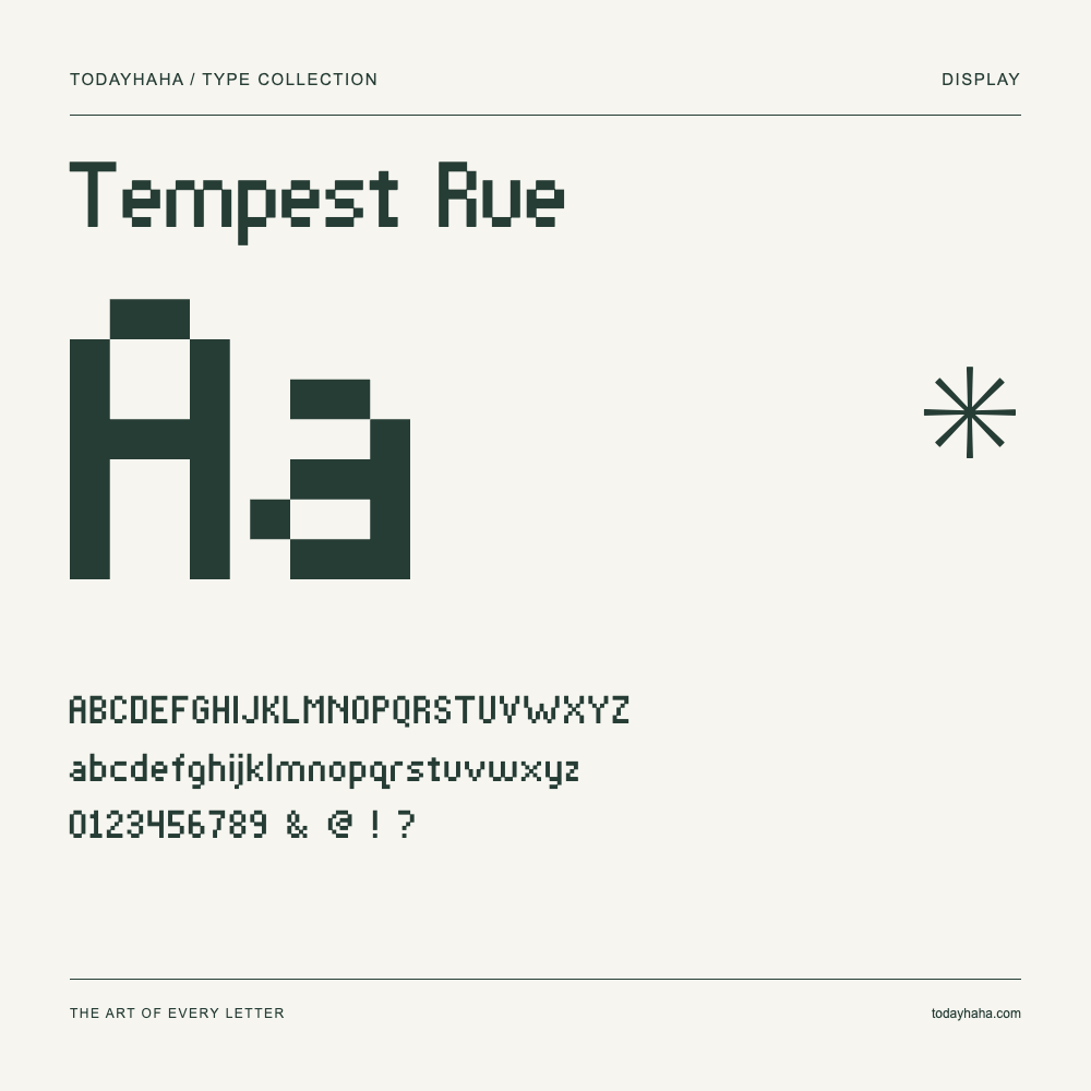 Tempest Rue — Spécimen avec majuscules, minuscules et chiffres