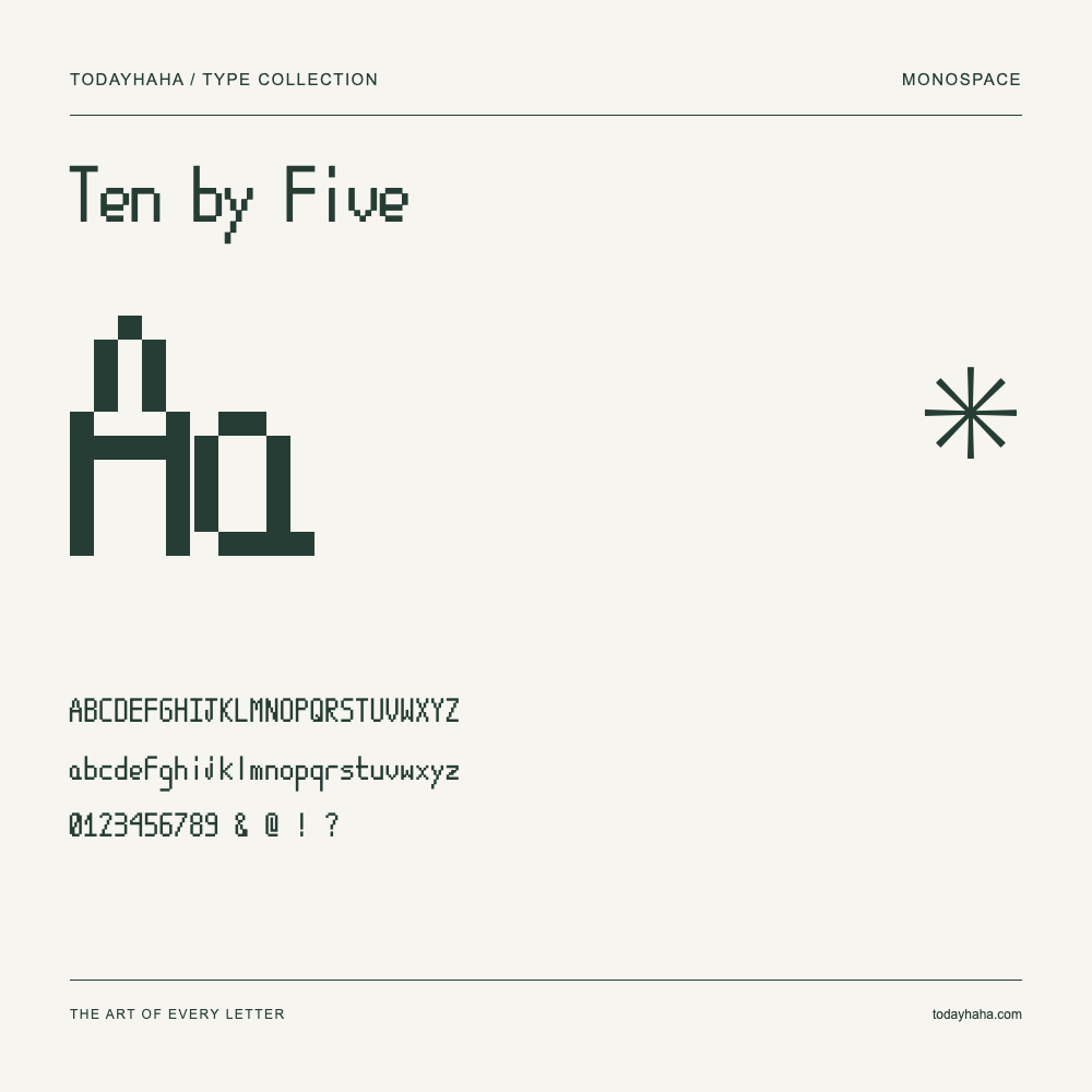 Ten by Five — Font specimen with uppercase and lowercase letters and numbers