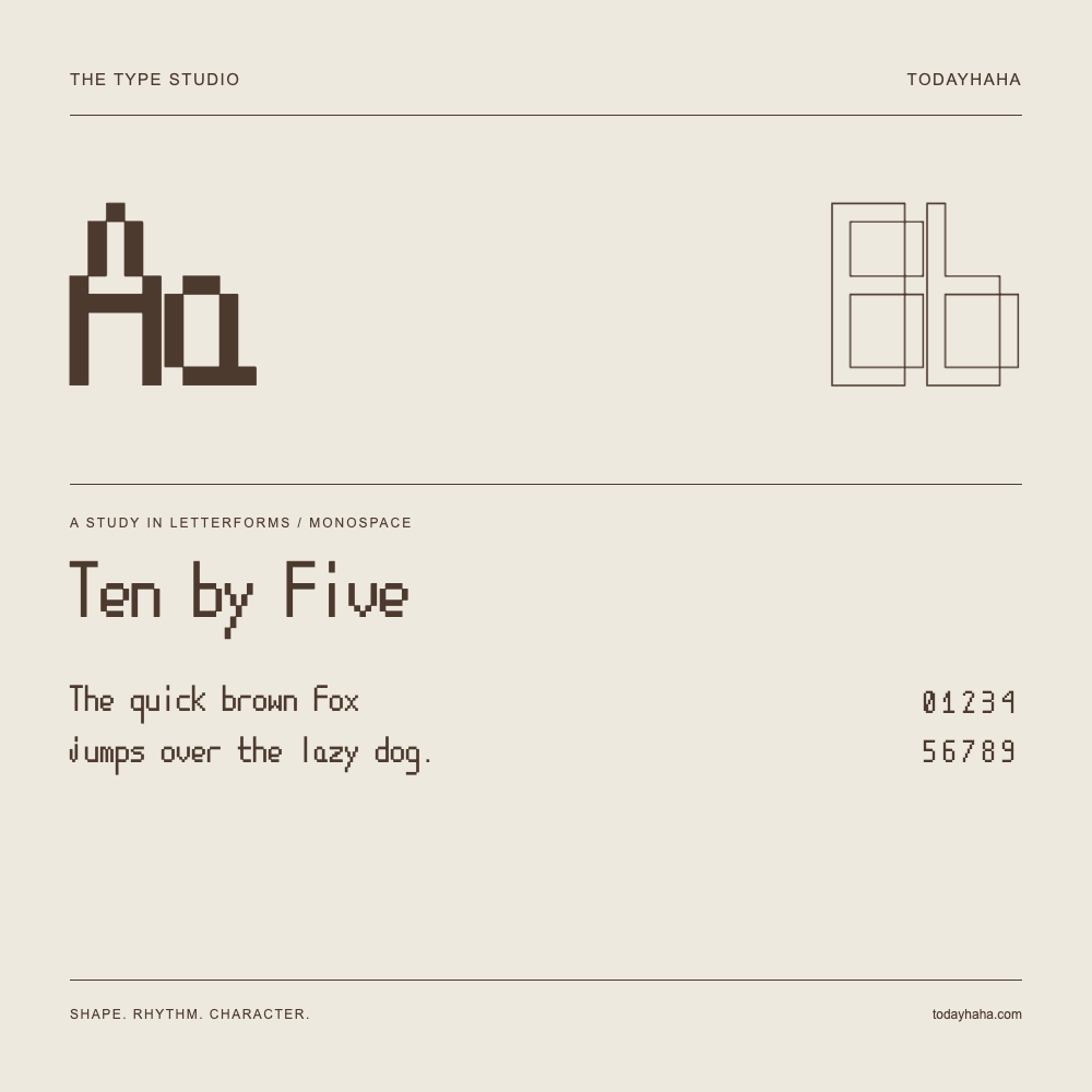 Ten by Five — Letterform study with sample sentence and numbers