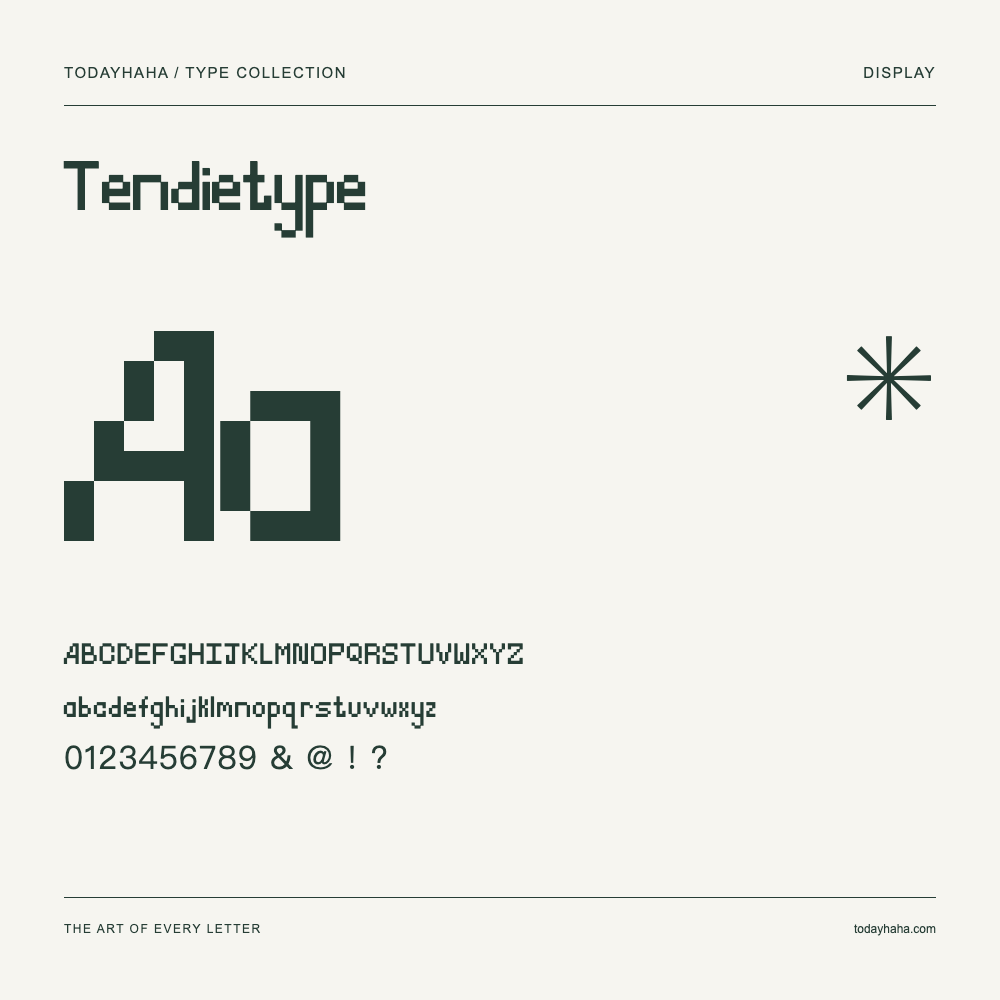 Tendietype — Font specimen with uppercase and lowercase letters and numbers