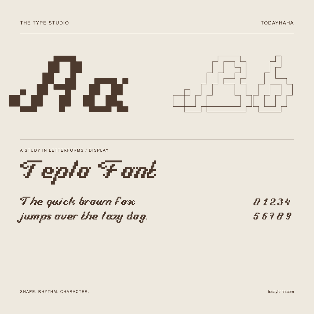 Teplo Font — Buchstabenstudie mit Beispielsatz und Ziffern