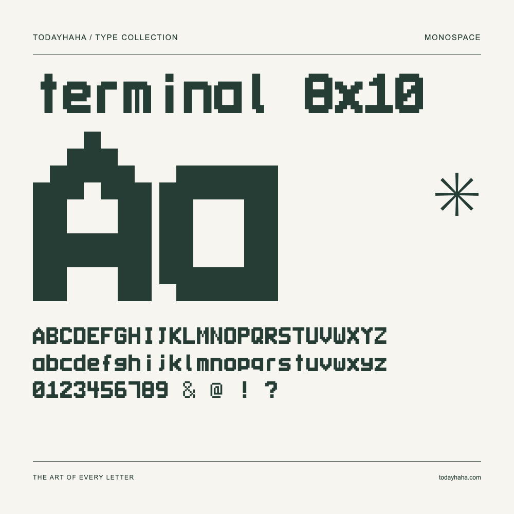 terminal 8x10 — Campione con lettere maiuscole, minuscole e numeri