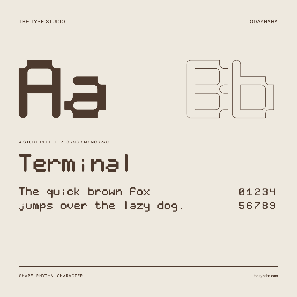 Terminal — Buchstabenstudie mit Beispielsatz und Ziffern