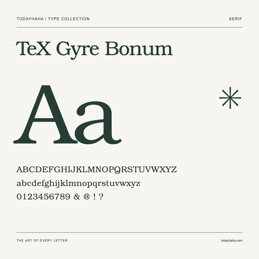 TeX Gyre Bonum — Schriftmuster mit Großbuchstaben, Kleinbuchstaben und Ziffern