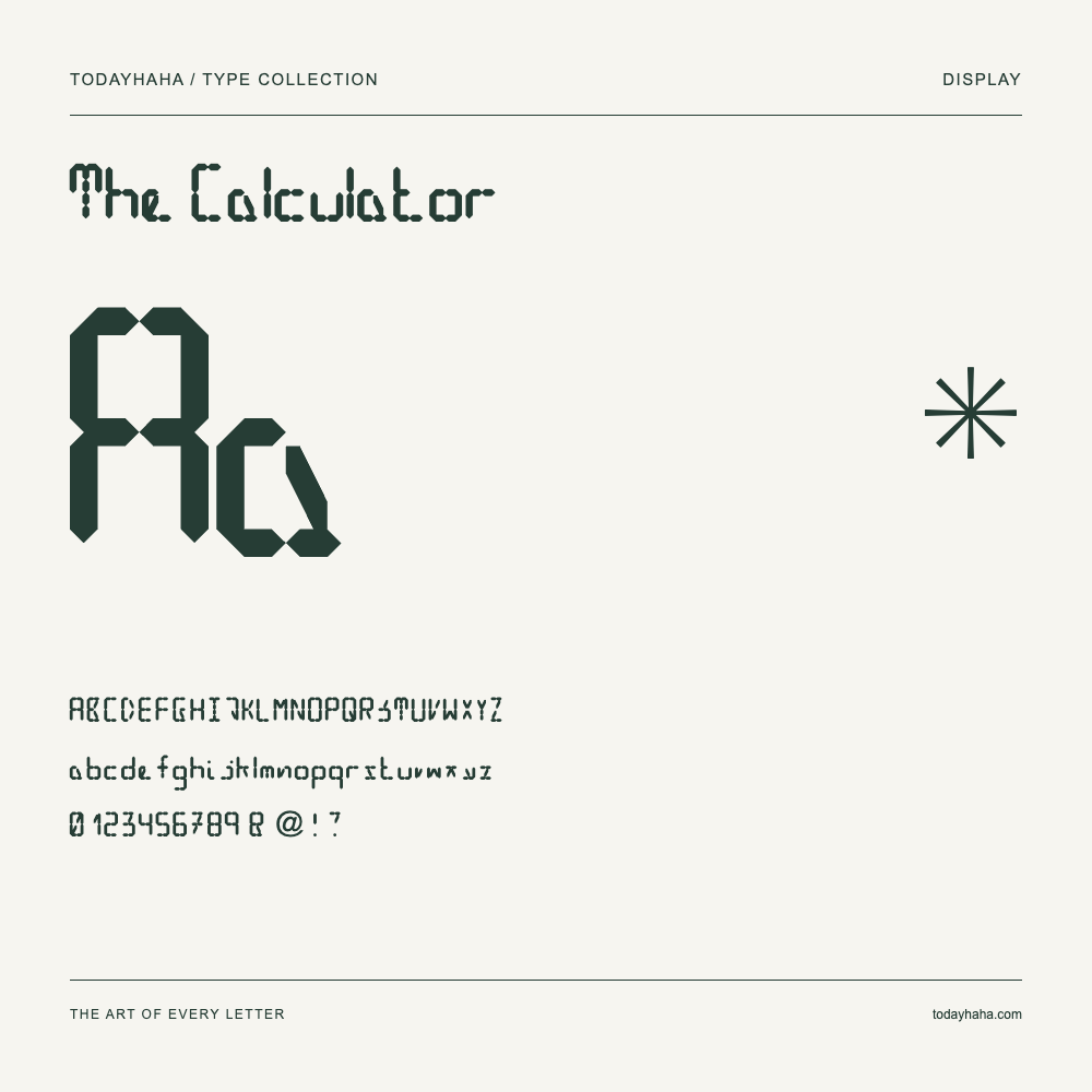 The Calculator — Schriftmuster mit Großbuchstaben, Kleinbuchstaben und Ziffern