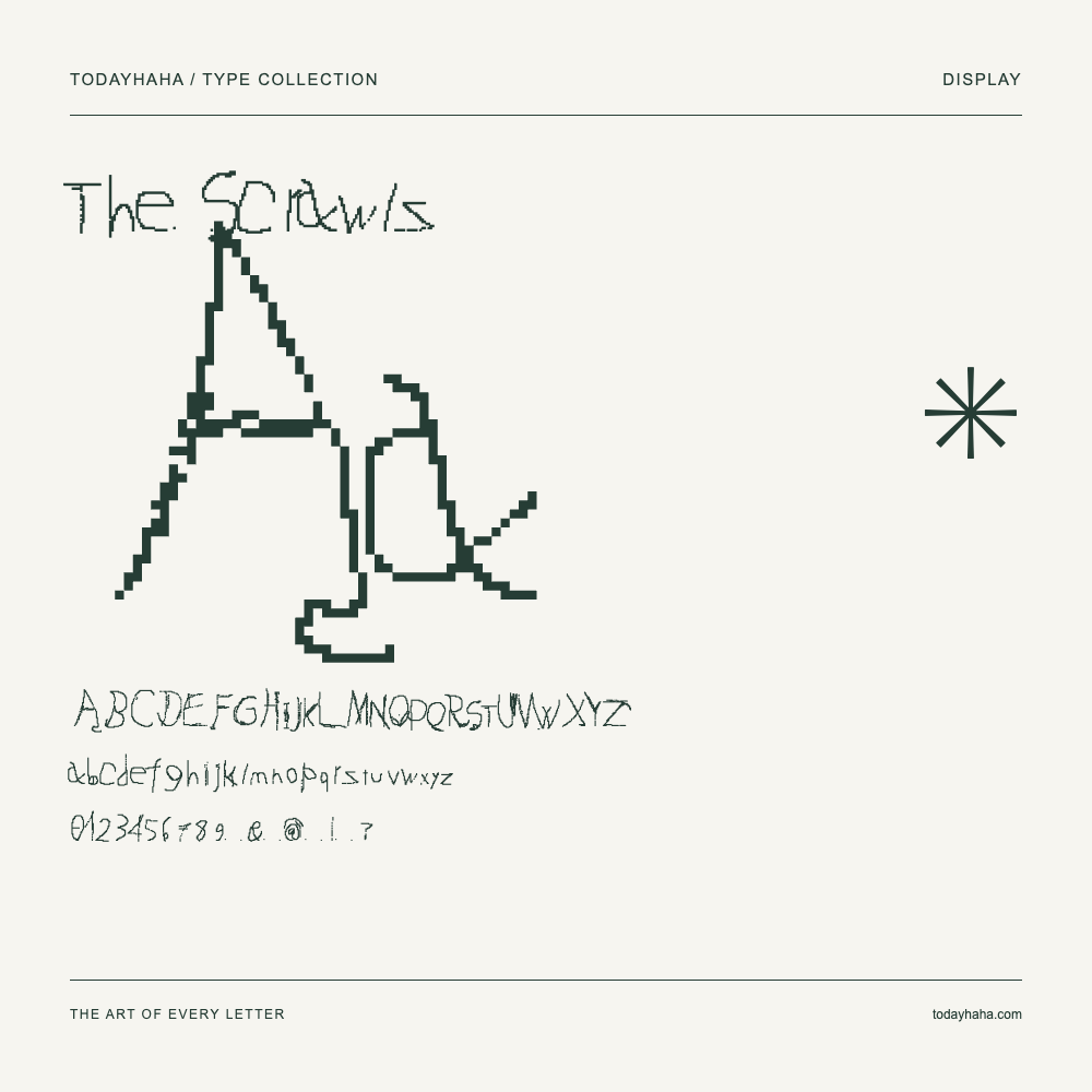 The Scrawls — Schriftmuster mit Großbuchstaben, Kleinbuchstaben und Ziffern