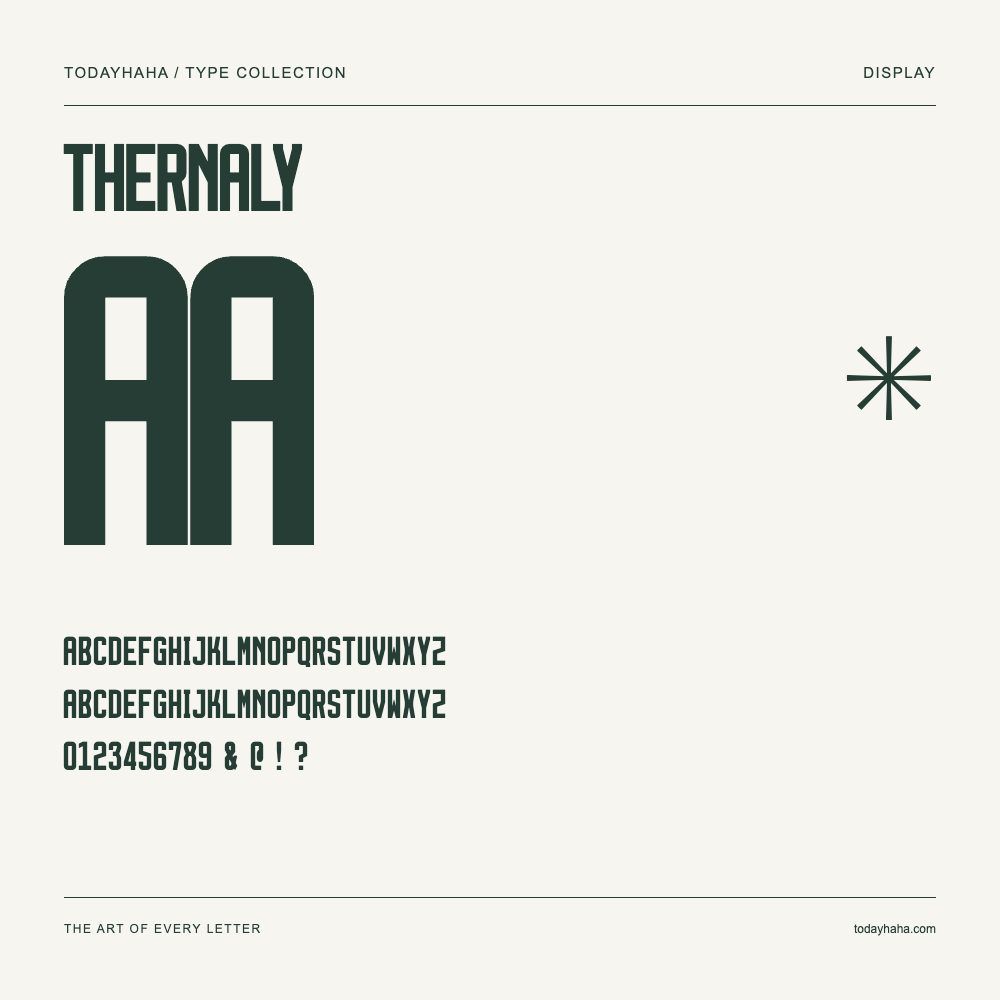 Thernaly — Schriftmuster mit Großbuchstaben, Kleinbuchstaben und Ziffern