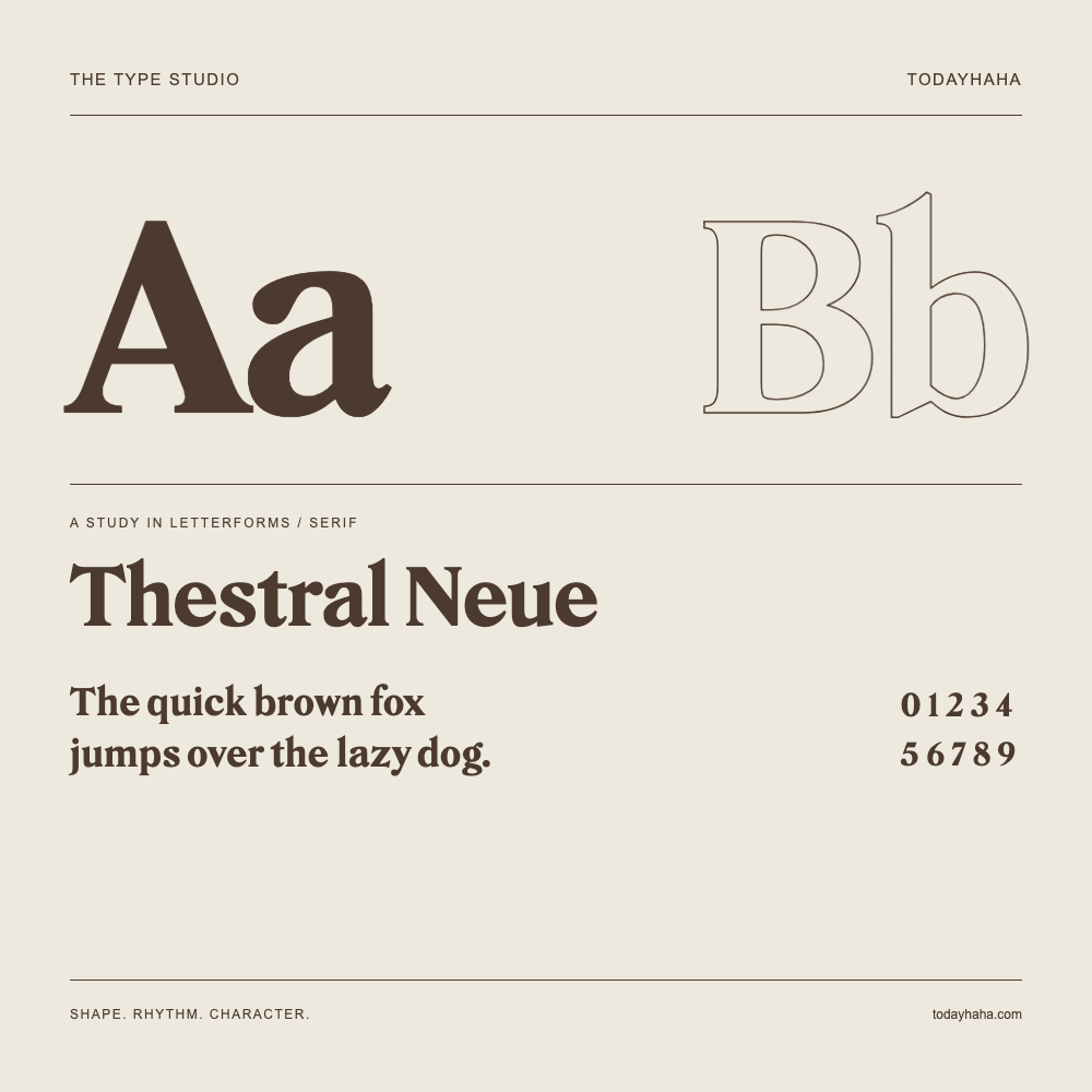 Thestral Neue — Letterform study with sample sentence and numbers